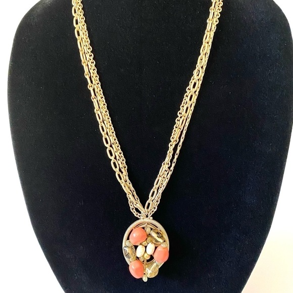 Necklace Pendant Acrylic Bead Work Light Gold Tone Multi Chains Chunky - Picture 7 of 12